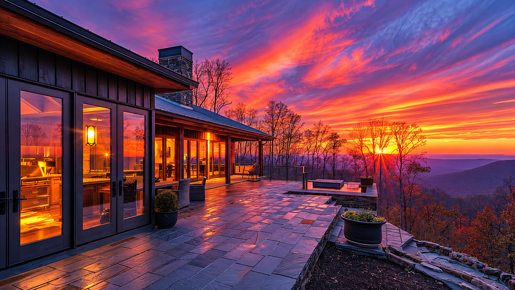 Estate terrace beneath a fiery sunset
