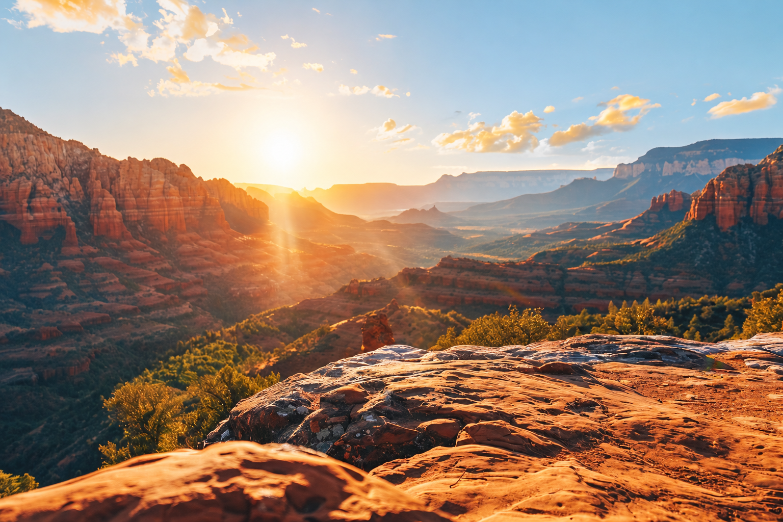 Empty sandstone overlook facing a sunrise over the canyon
