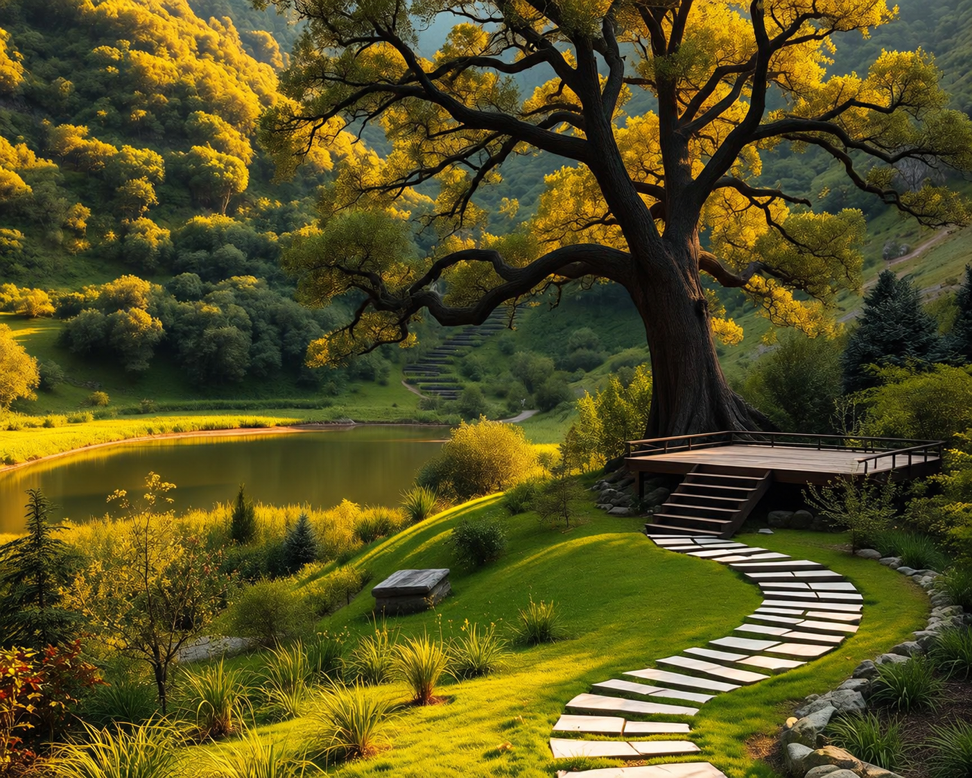 Reflection garden with an empty deck beneath a large tree