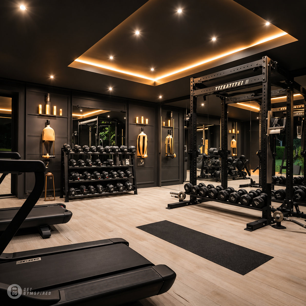 Warm dark gym with wood flooring and indirect ceiling lighting