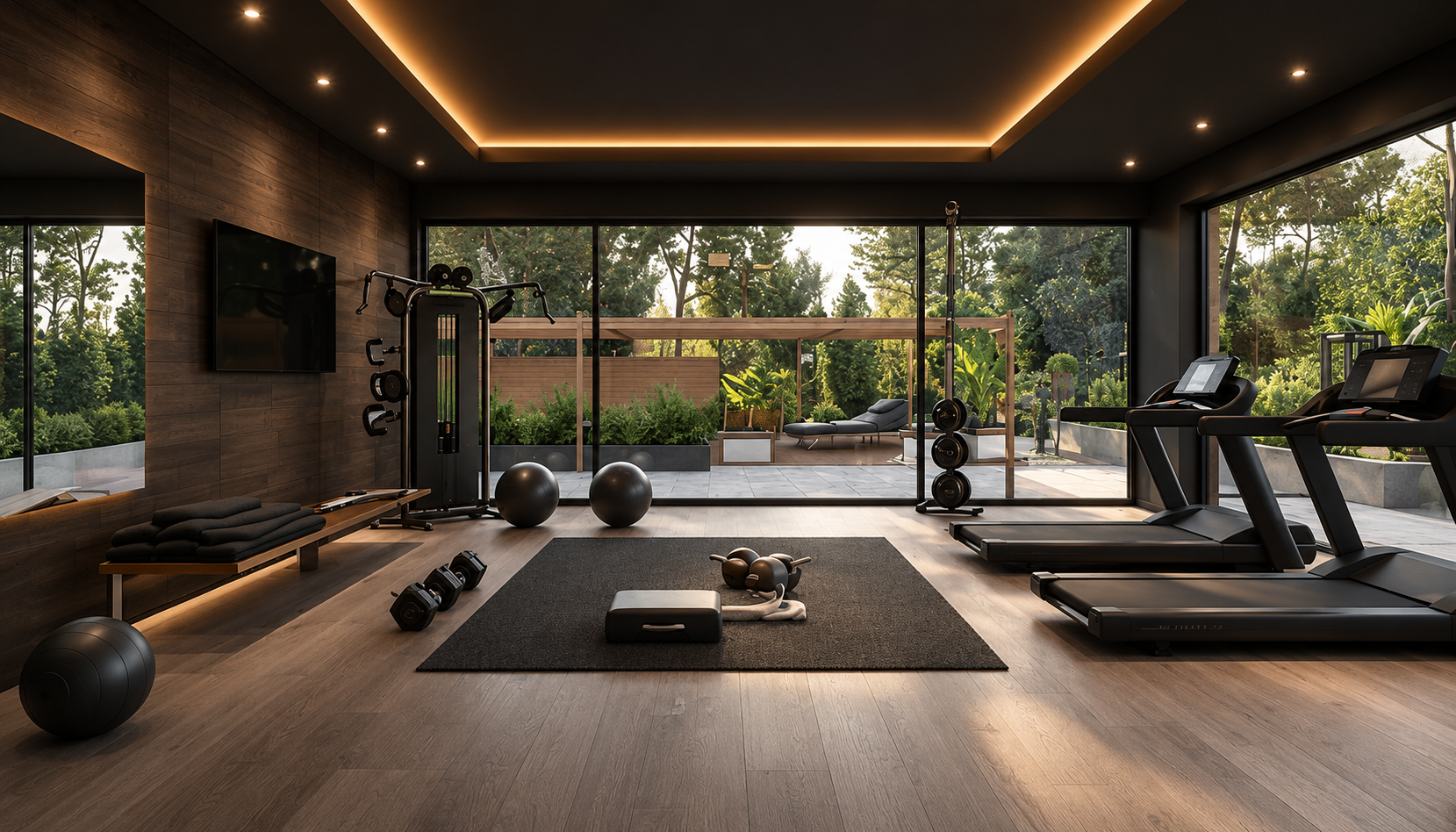 Garden-facing movement studio with dark walnut walls, charcoal ceiling and warm concealed lighting