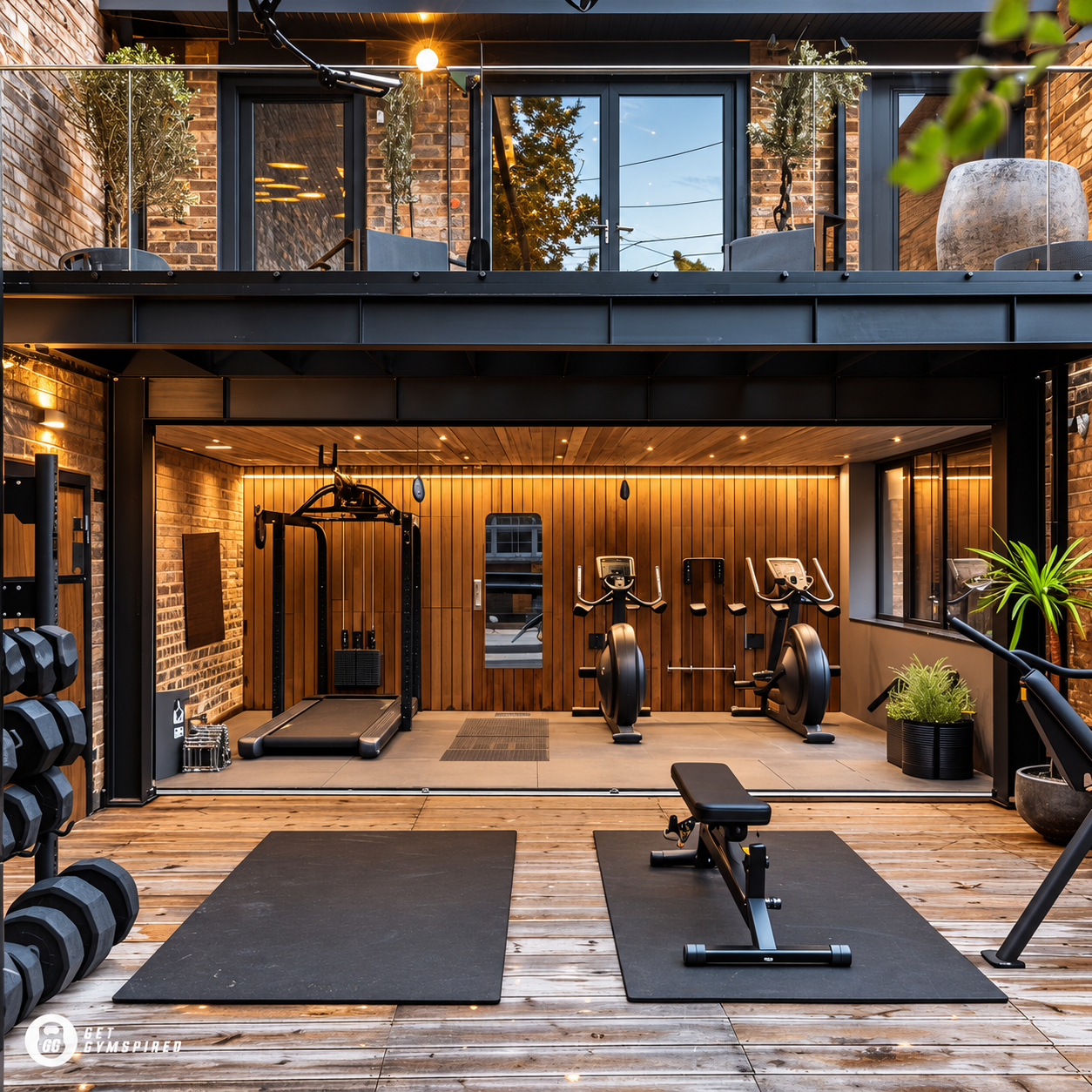 Indoor-outdoor training courtyard with timber finishes and an upper deck