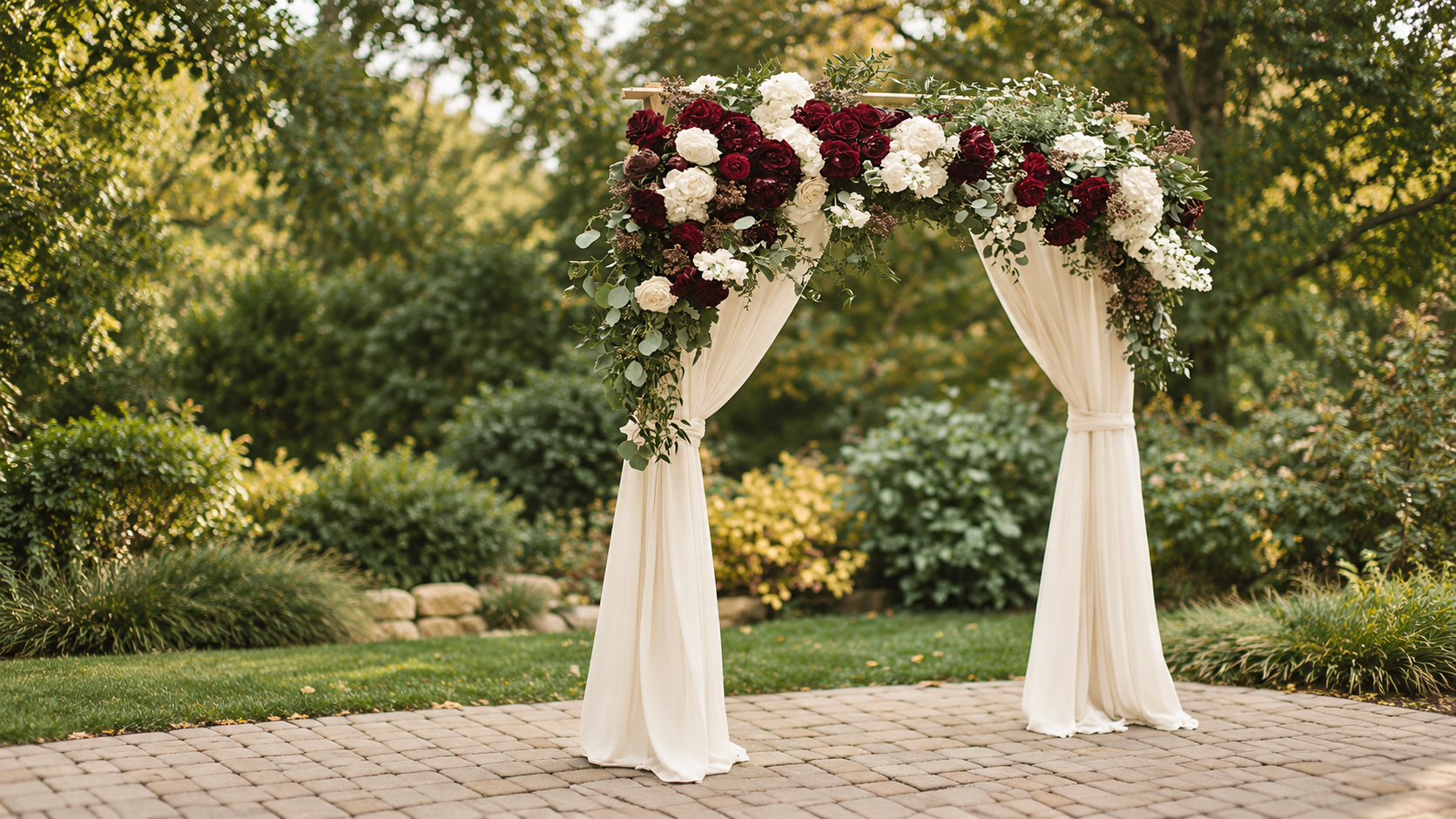 Empty garden marriage arch with burgundy and ivory flowers
