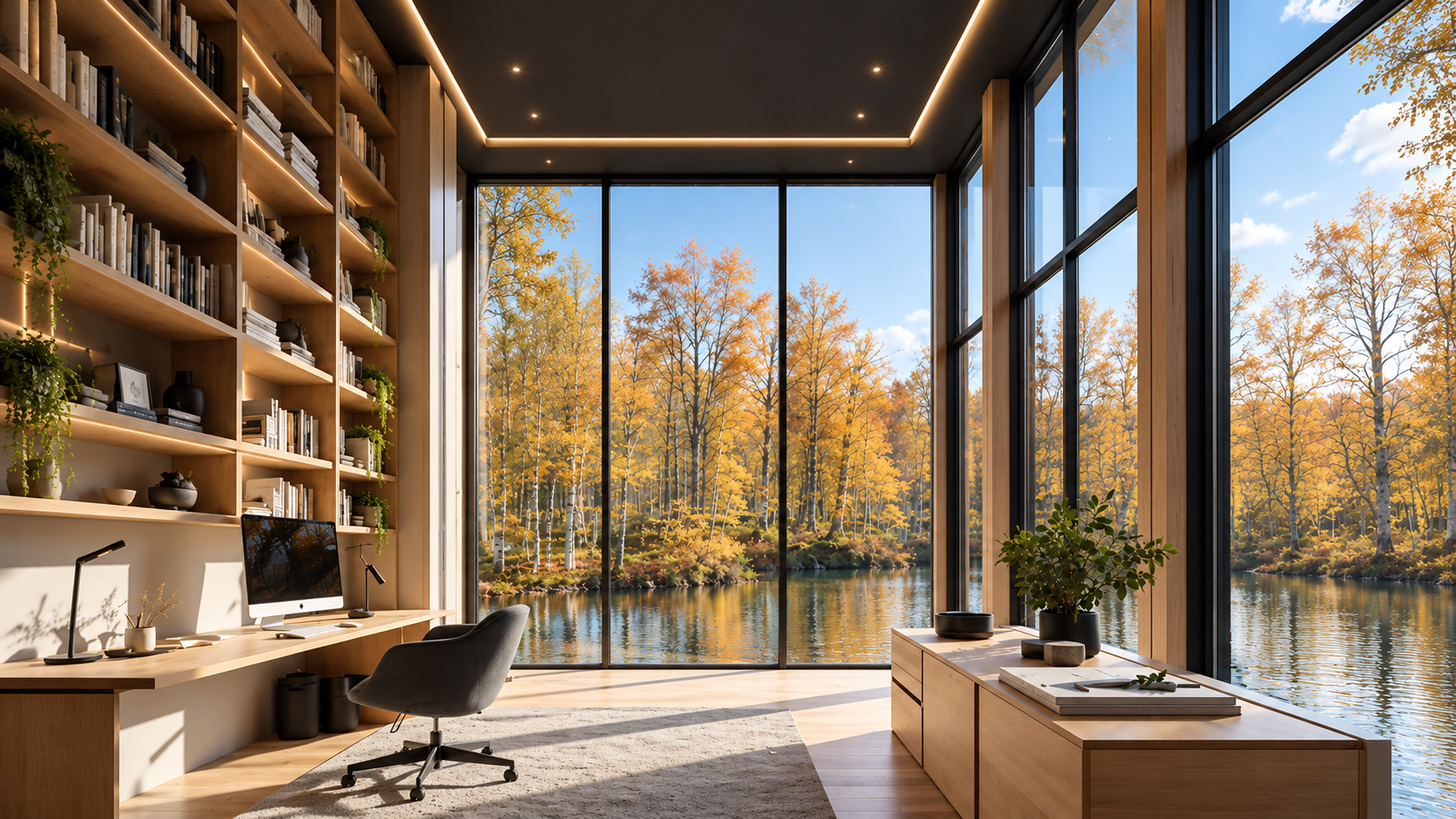 Timber home office opening toward a tranquil water view