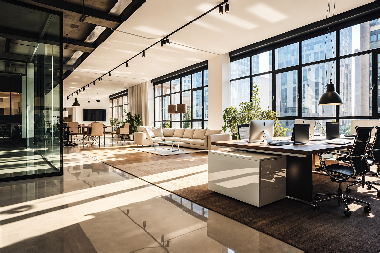 Shared workplace with glass rooms, timber floors and daylight