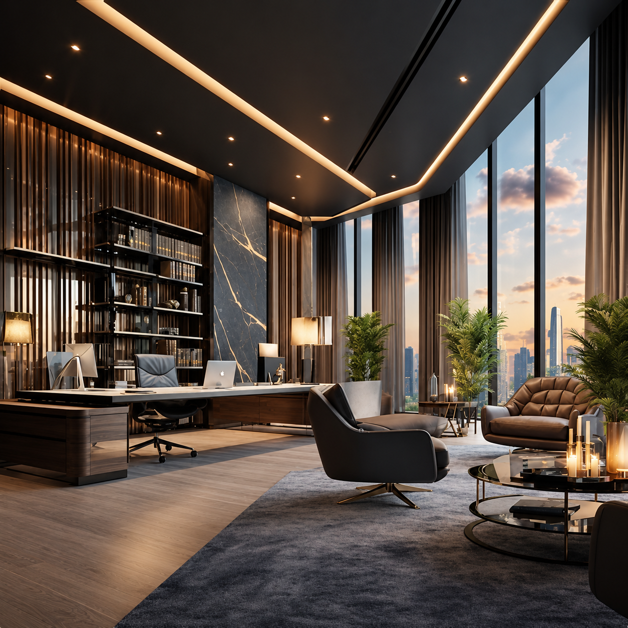 Dark contemporary study with tall windows and warm concealed lighting