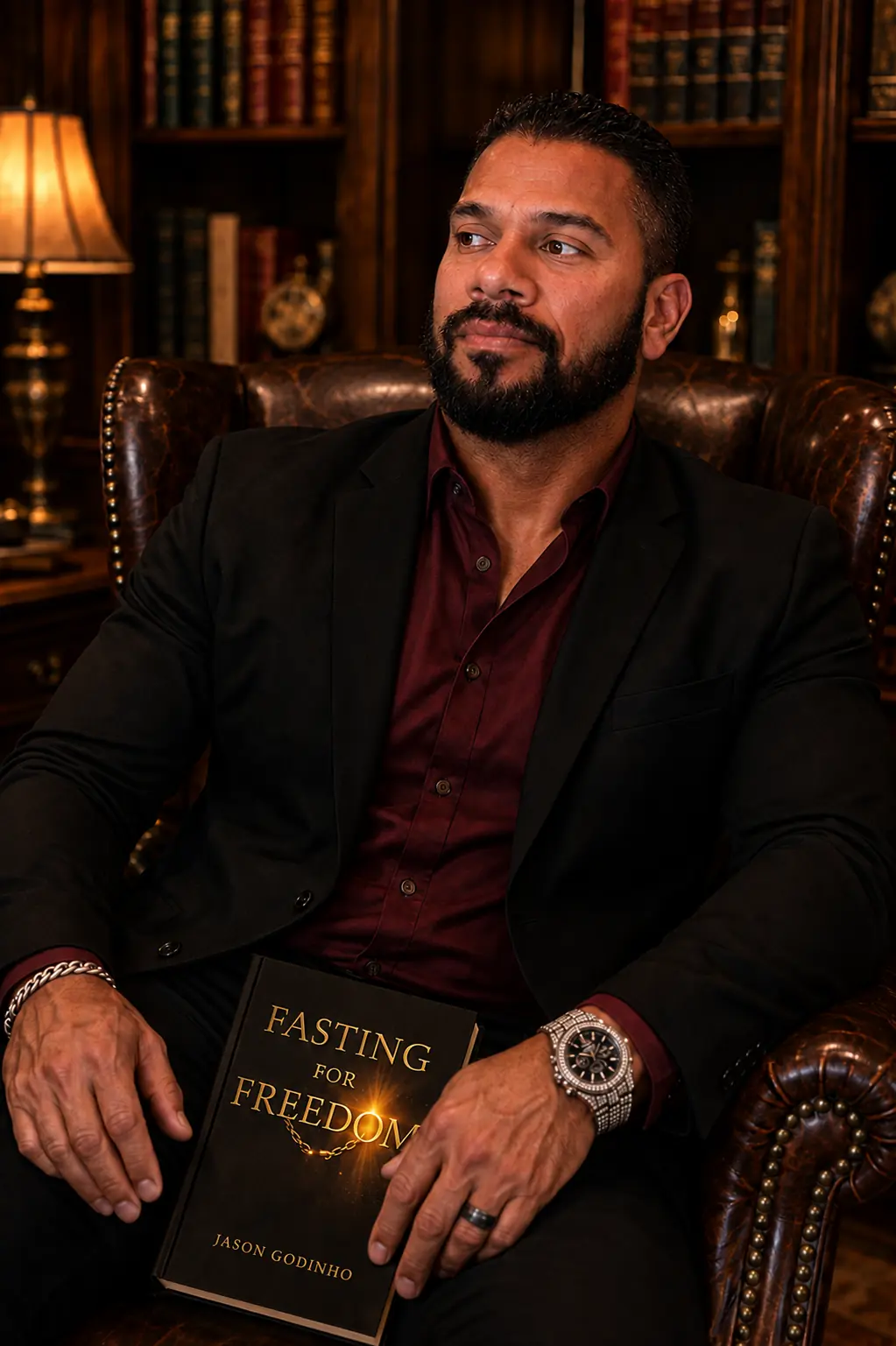 Editorial portrait of Jason Godinho holding his book, Fasting for Freedom.