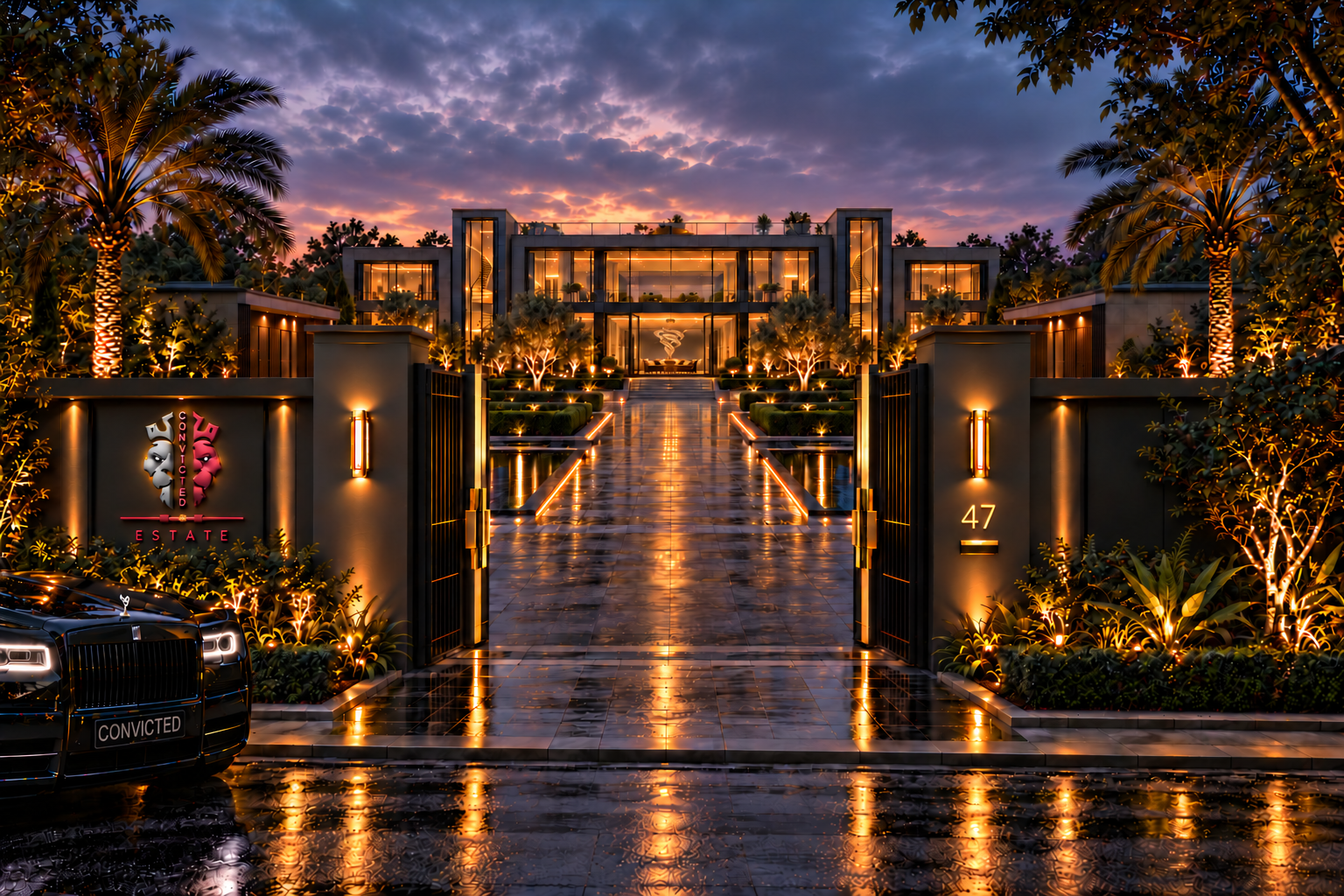 Convicted Estate front gates at dusk, with the main house beyond the courtyard.